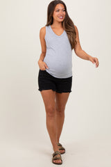 Black Distressed Fringe Hem Maternity Jean Shorts