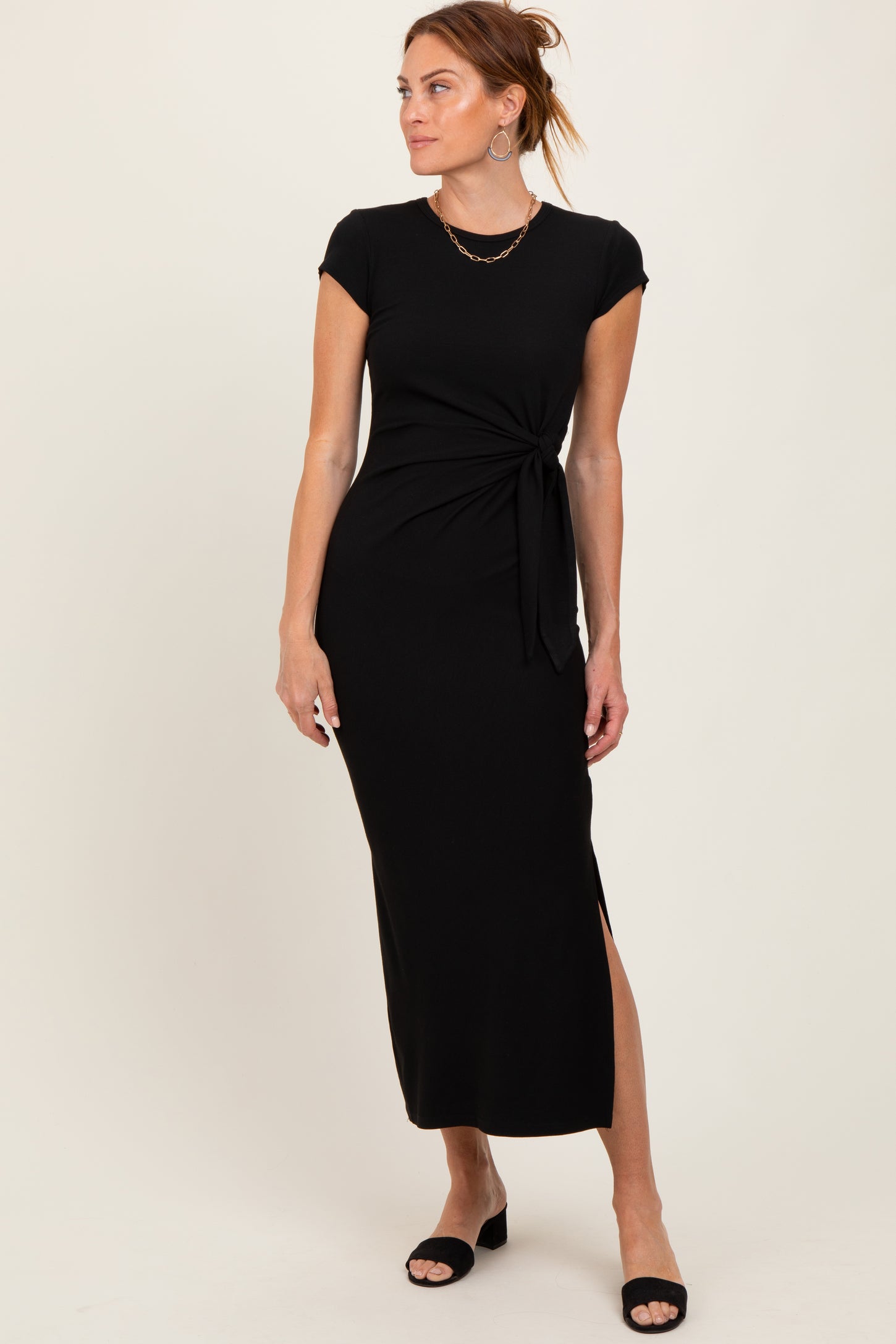 Black Side Knot Tie Short Sleeve Maternity Midi Dress