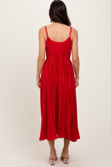 Red Pleated Sash Tie Midi Dress