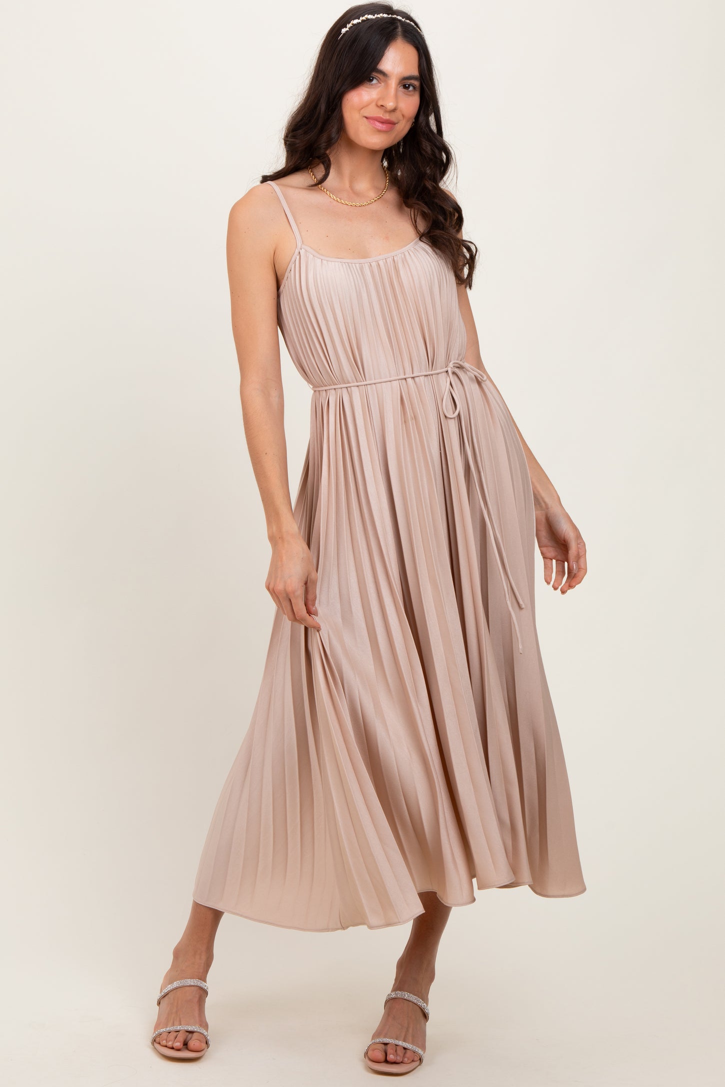 Beige Pleated Sash Tie Midi Dress