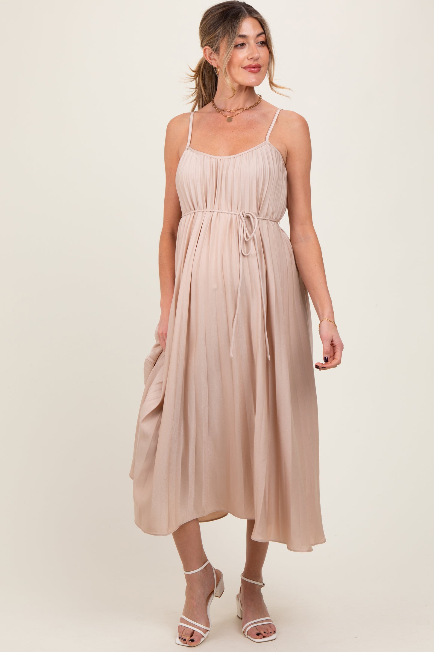 Beige Pleated Sash Tie Maternity Midi Dress