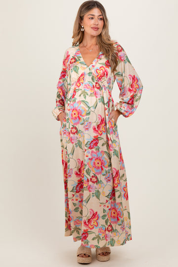 Beige Floral V-Neck Long Sleeve Maternity Maxi Dress