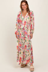 Beige Floral V-Neck Long Sleeve Maxi Dress