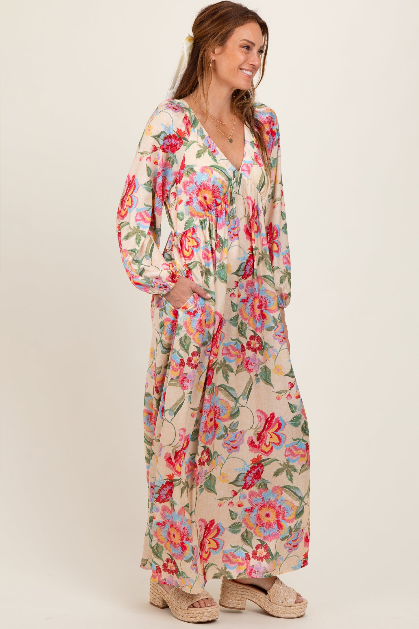 Beige Floral V-Neck Long Sleeve Maxi Dress