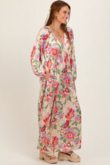 Beige Floral V-Neck Long Sleeve Maxi Dress
