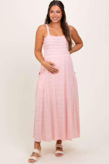 Light Pink Smocked Embroidered Bust Textured Maternity Midi Dress