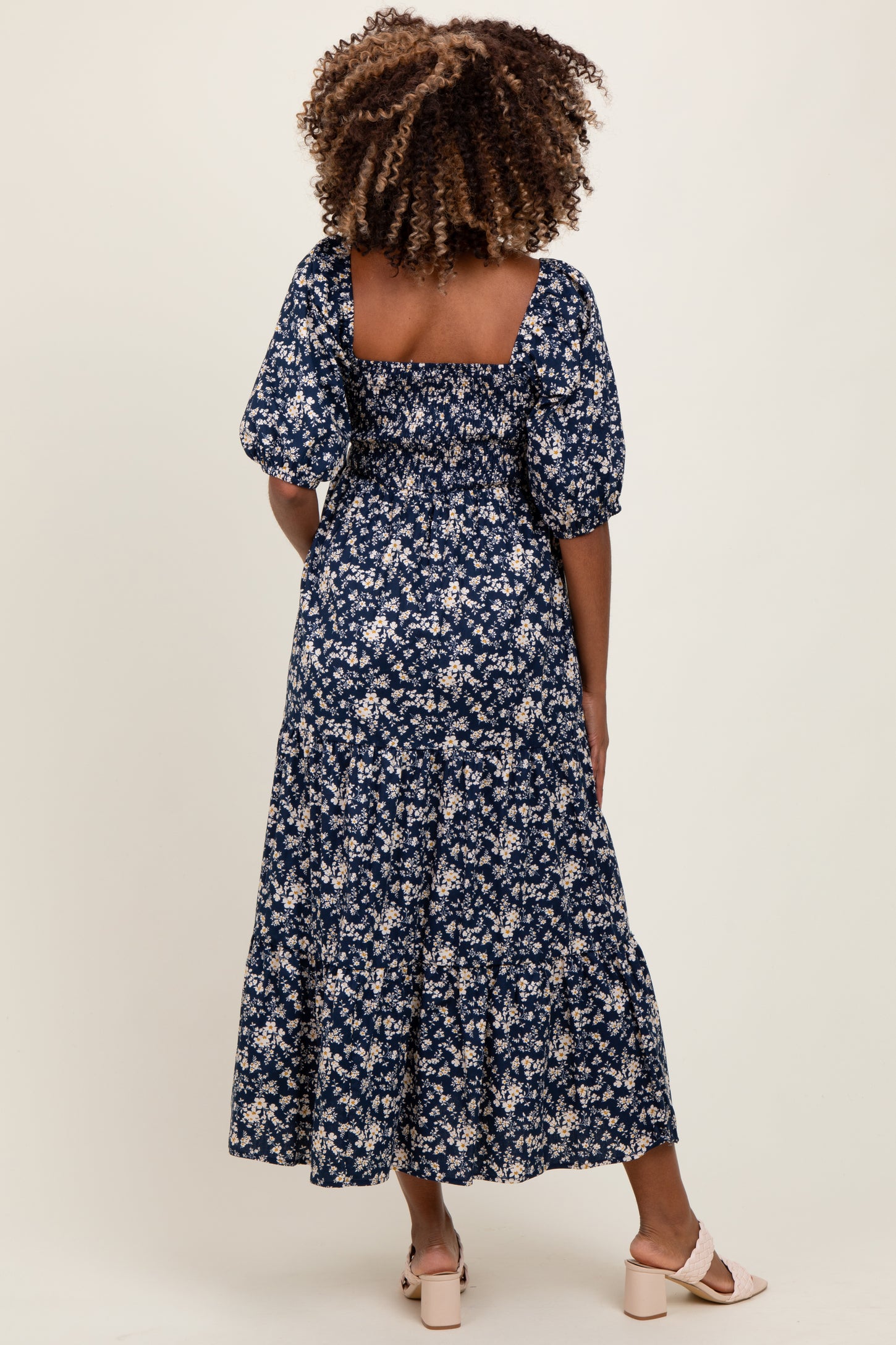 Blue Floral Smocked Puff Sleeve Maternity Maxi Dress