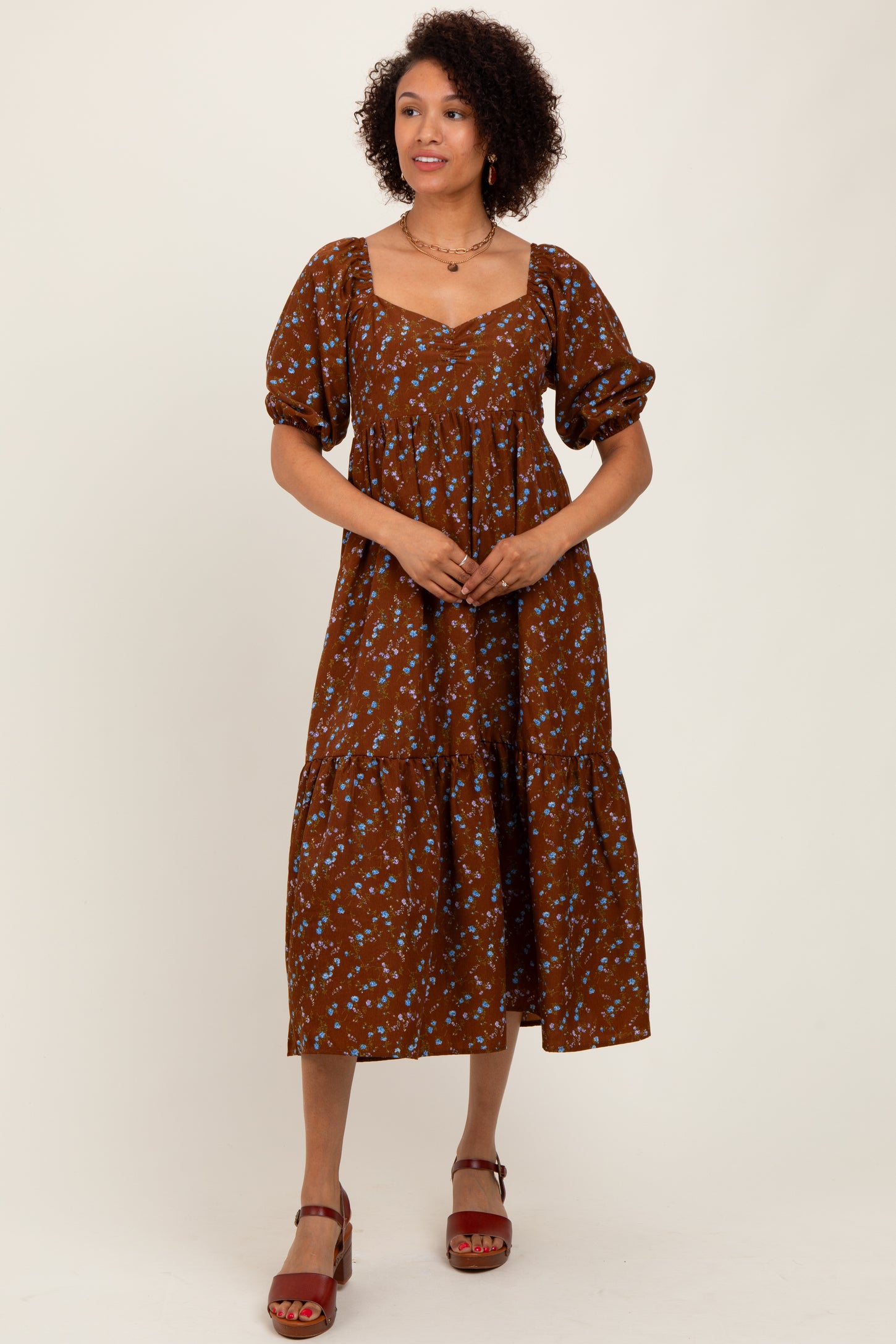 Mocha Floral Sweetheart Puff Sleeve Midi Dress