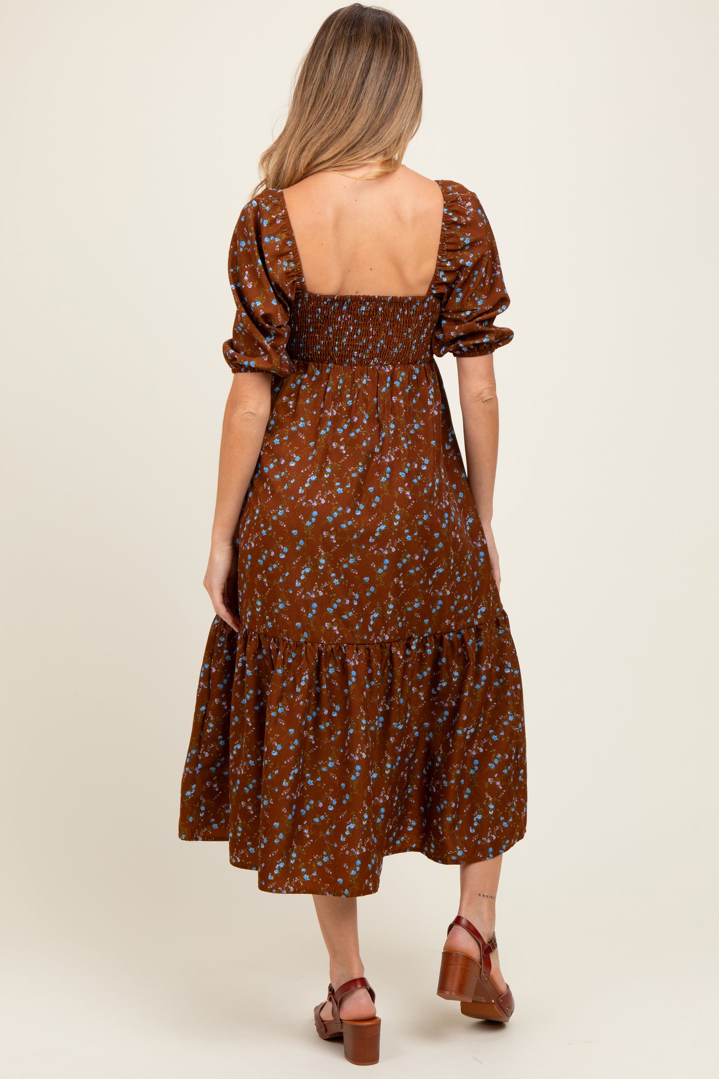 Mocha Floral Sweetheart Puff Sleeve Maternity Midi Dress