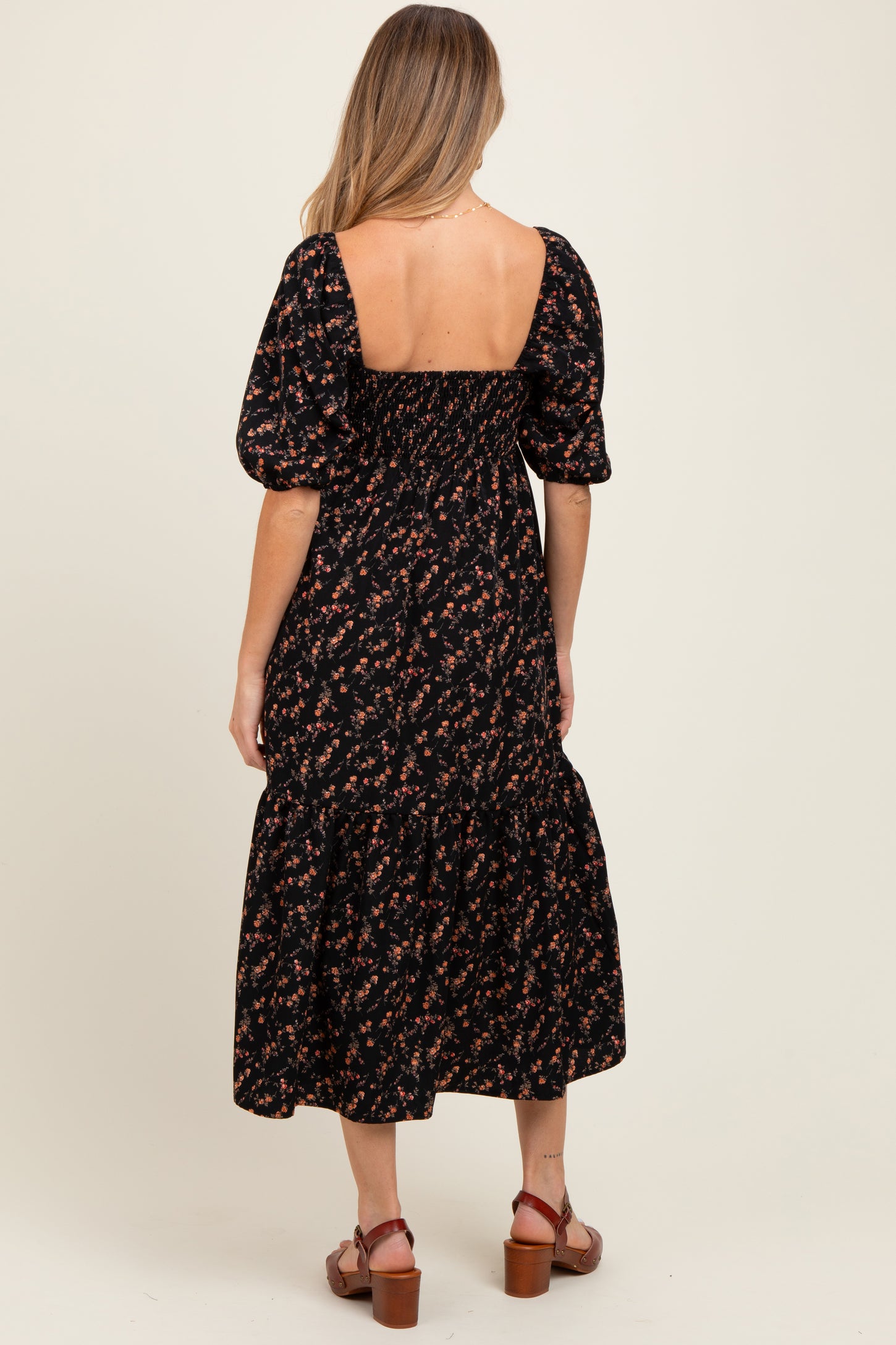 Black Floral Sweetheart Puff Sleeve Maternity Midi Dress