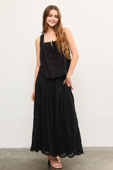 Black Smocked Waist Eyelet Lace Hem Maxi Skirt