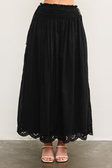 Black Smocked Waist Eyelet Lace Hem Maxi Skirt