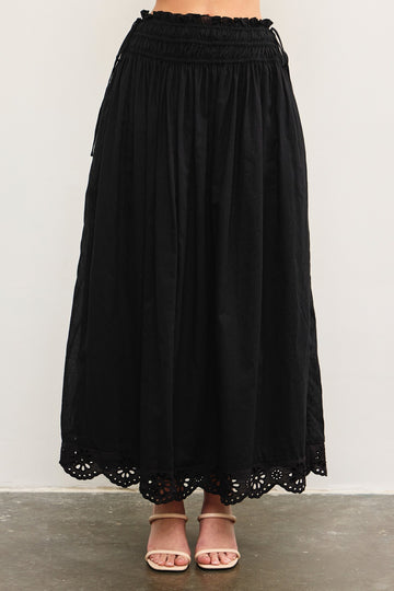Black Smocked Waist Eyelet Lace Hem Maxi Skirt