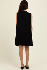 Black Pleated Front Tie Linen Blend Dress