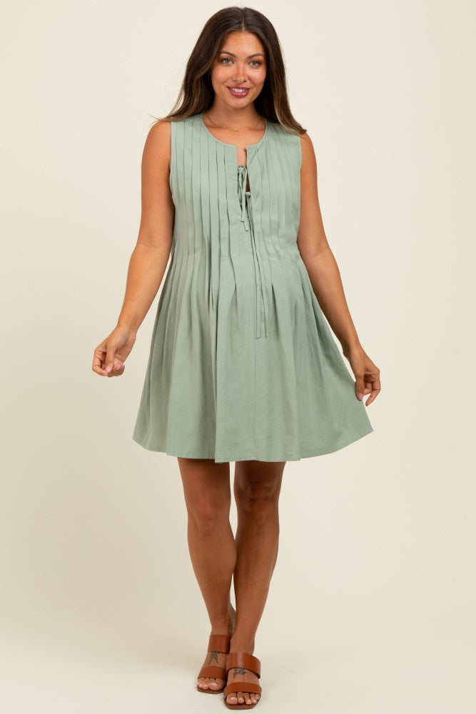 Light Olive Pleated Front Tie Linen Blend Maternity Dress