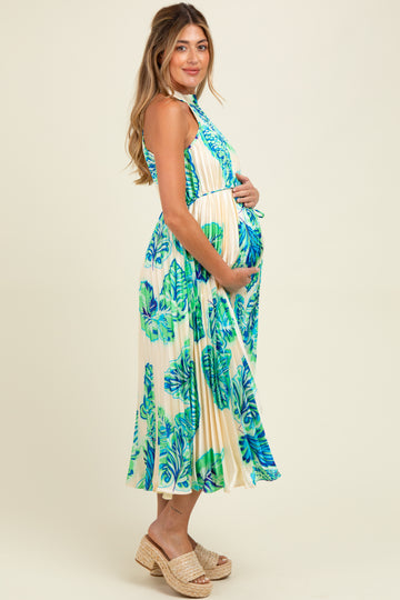 Blue Leaf Print Pleated Halter Maternity Midi Dress