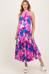 Magenta Floral Satin Pleated Halter Neck Maternity Midi Dress