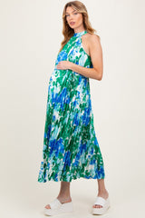 Blue Floral Satin Pleated Halter Neck Maternity Midi Dress