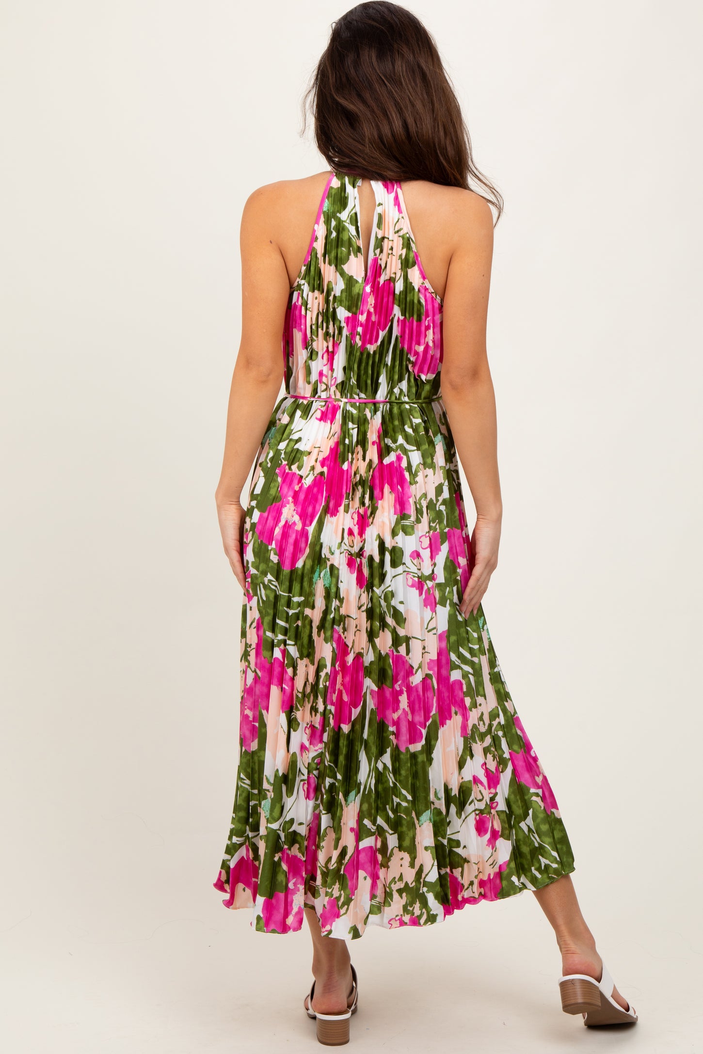 Fuchsia Floral Satin Pleated Halter Neck Midi Dress