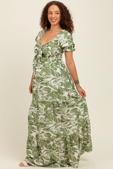 Green Tropical Print Smocked Front Tie Maternity Maxi Dress