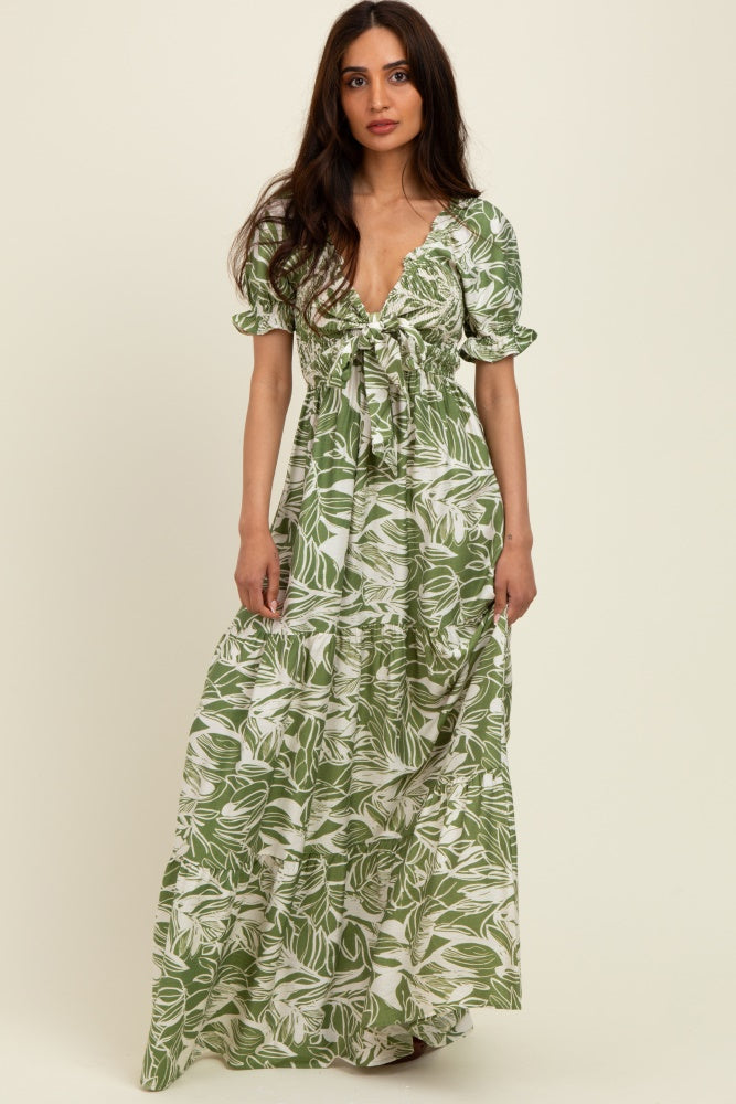 Green Tropical Print Smocked Front Tie Maxi Dress