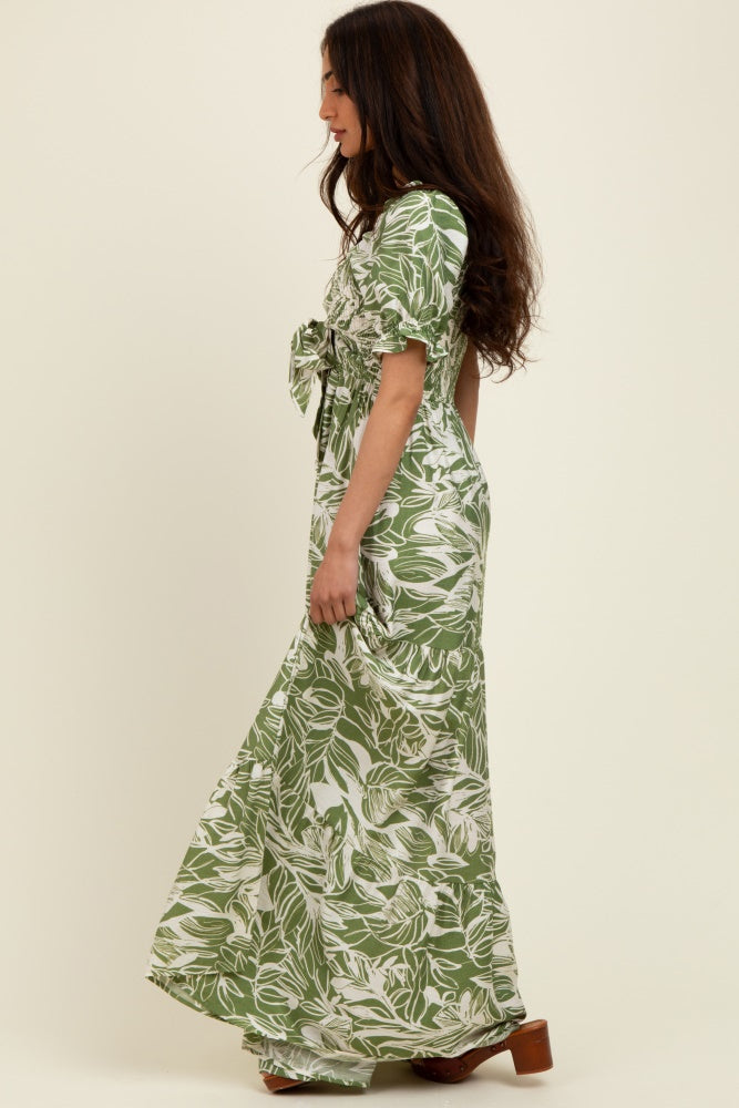 Green Tropical Print Smocked Front Tie Maxi Dress