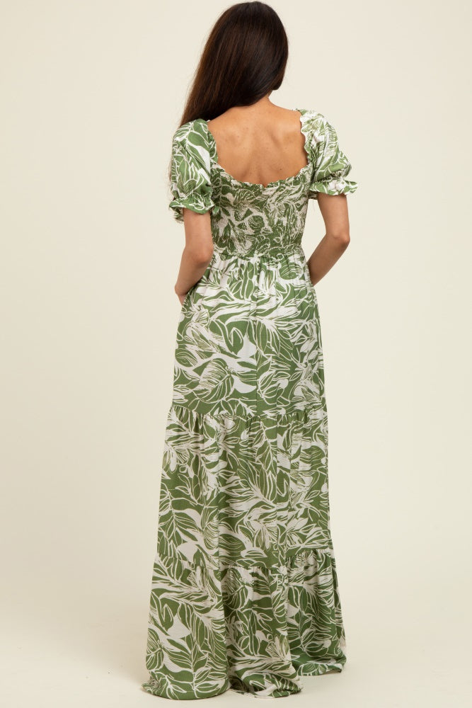 Green Tropical Print Smocked Front Tie Maxi Dress