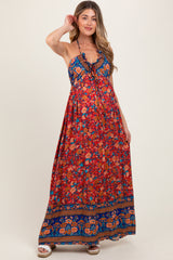 Rust Floral Colorblock Halter Tie Back Maternity Maxi Dress