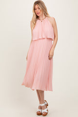 Pink Pleated Woven Midi Dress
