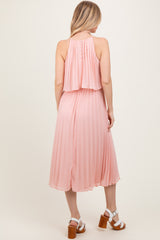 Pink Pleated Woven Midi Dress