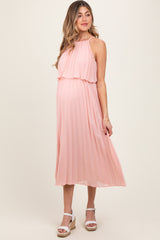 Pink Pleated Woven Maternity Midi Dress