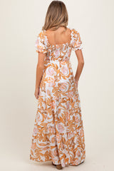 Taupe Floral Smocked Front Tie Maternity Maxi Dress