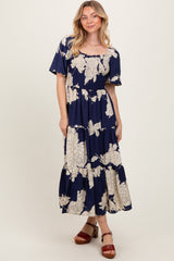 Navy Floral Smocked Front Tie Cutout Maternity Maxi Dress