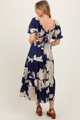 Navy Floral Smocked Front Tie Cutout Maxi Dress