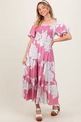 Pink Floral Smocked Front Tie Cutout Maxi Dress
