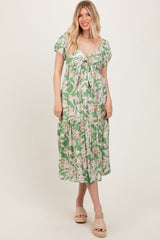 Green Floral Front Tie Maternity Midi Dress