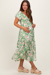 Green Floral Front Tie Maternity Midi Dress
