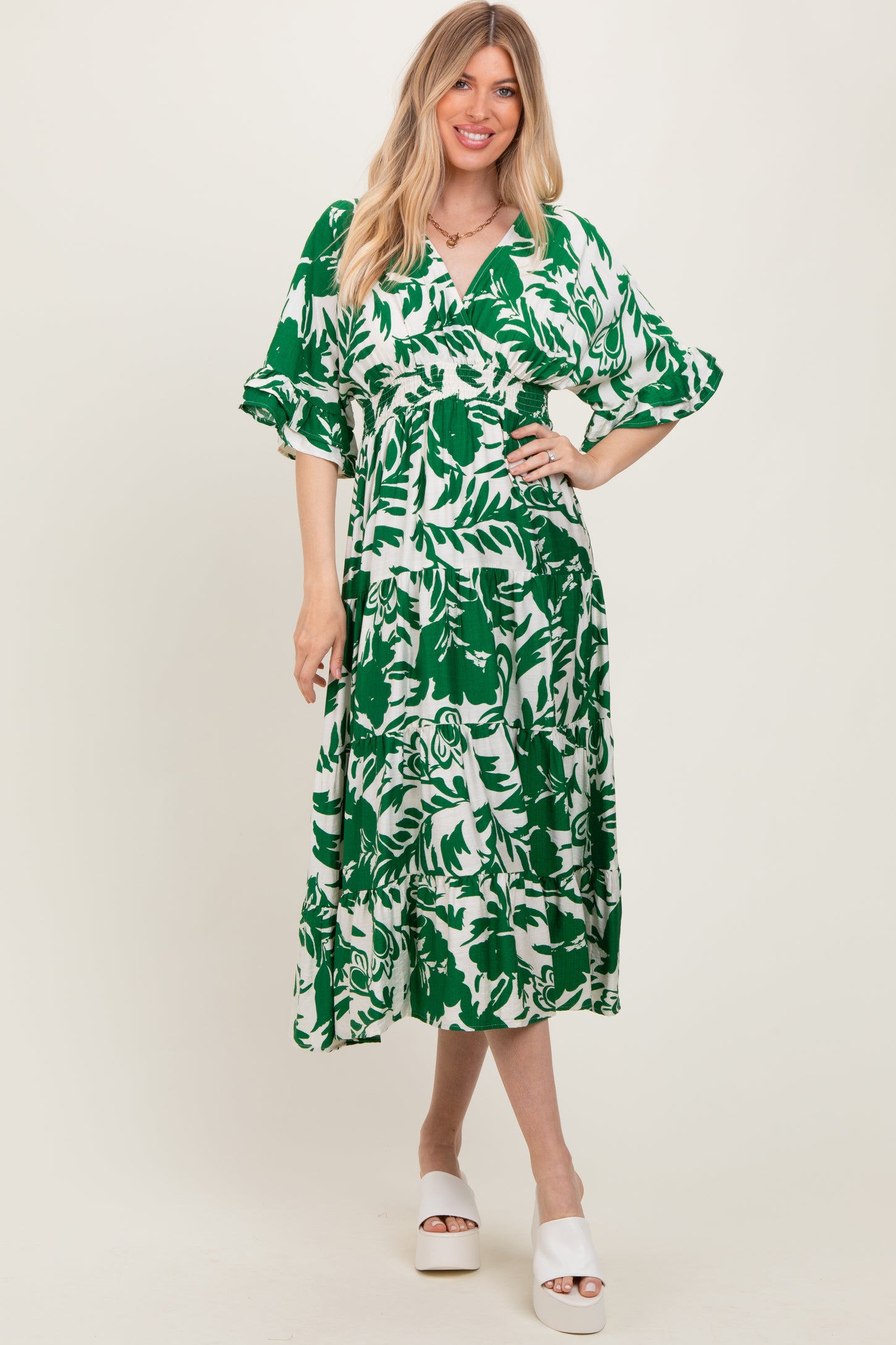 Green Abstract Floral V-Neck Tiered Midi Dress