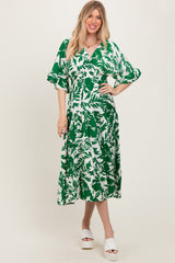 Green Abstract Floral V-Neck Tiered Midi Dress
