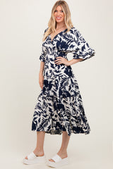 Navy Abstract Floral V-Neck Tiered Midi Dress