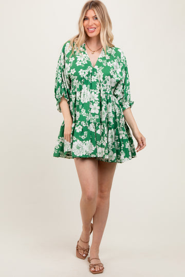 Green Floral Deep V-Neck Mini Dress