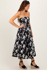 Black Floral Strapless Flare Midi Dress