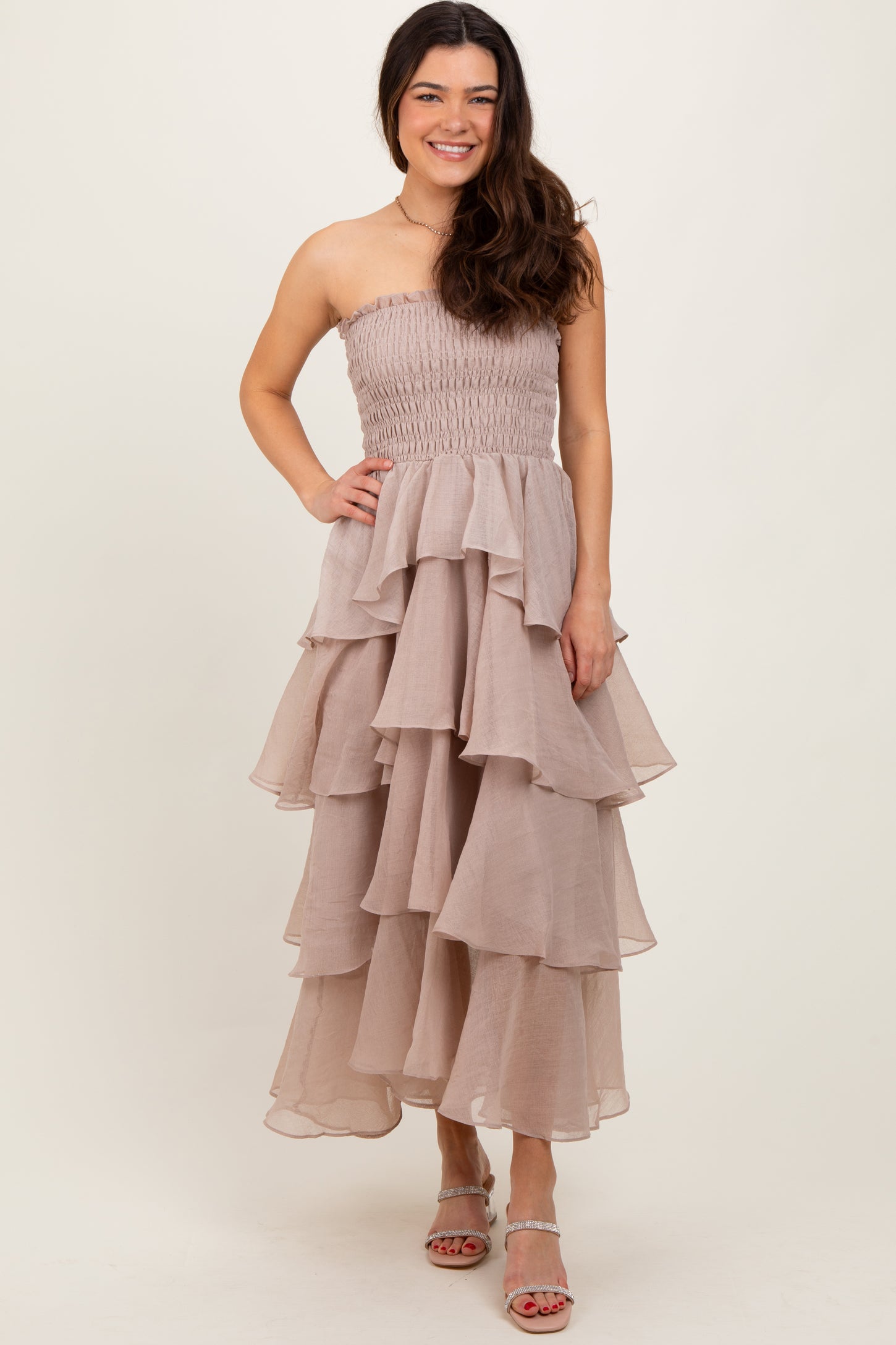 Beige Layered Maternity Maxi Dress