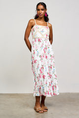 White Floral Pleated Crotchet Detail Midi Dress