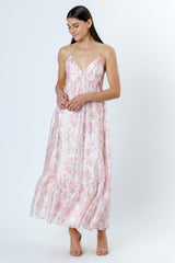 Pink Floral Satin Ruffle Hem Maxi Dress
