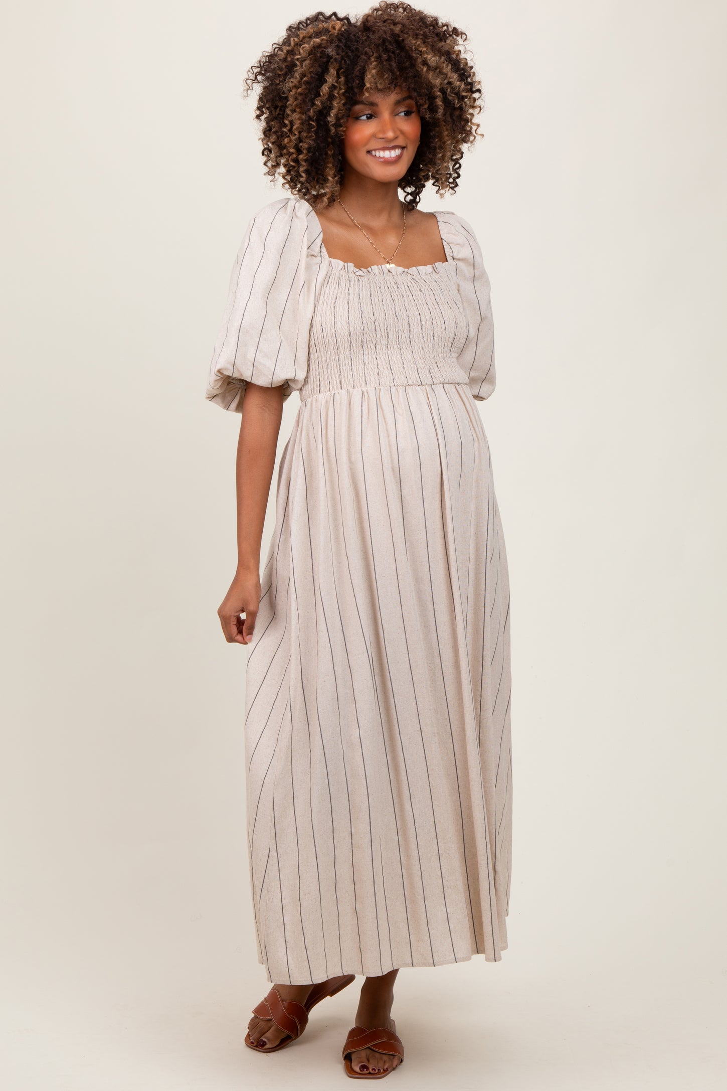 Beige Linen Stripe Puff Sleeve Maternity Midi Dress