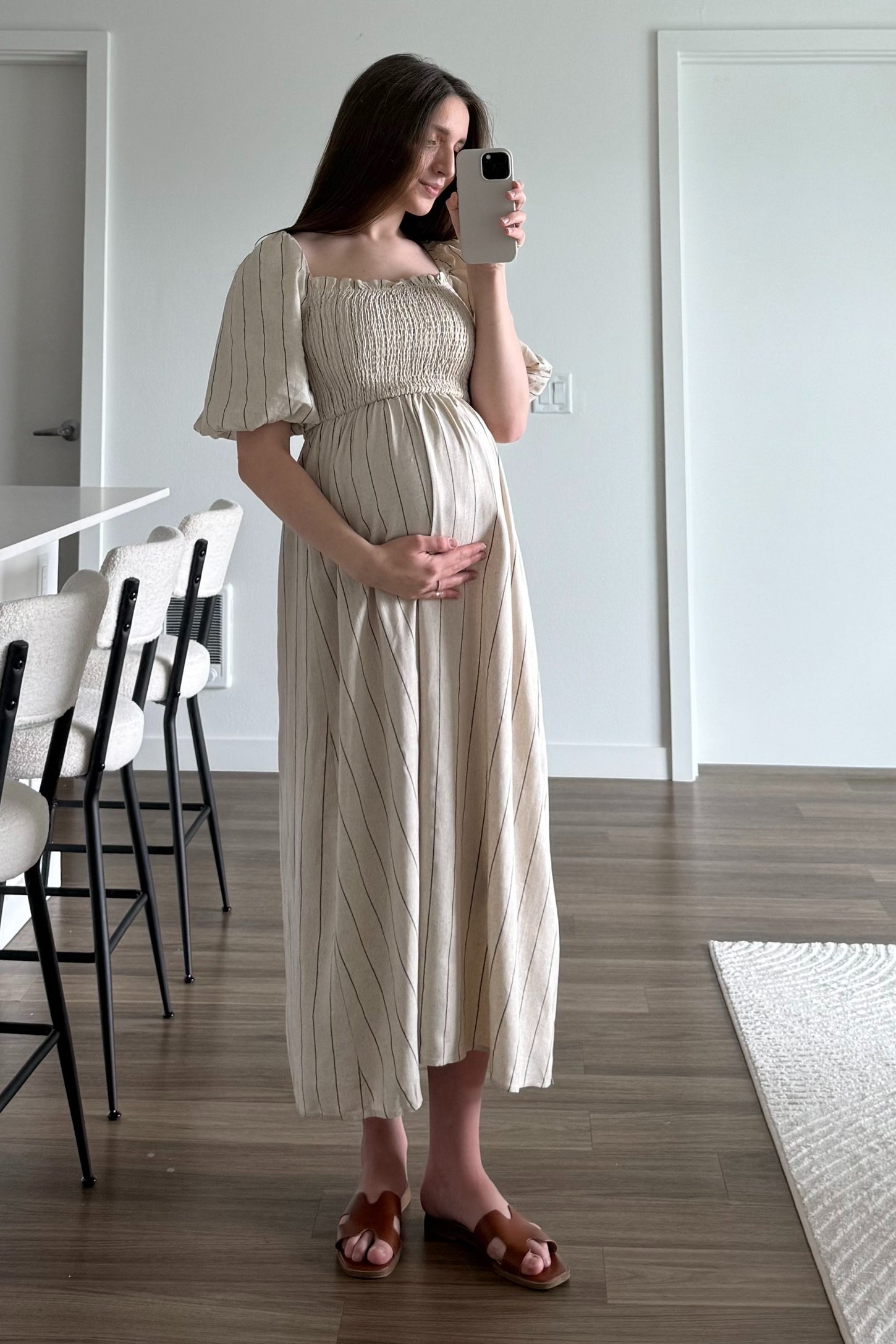 Beige Linen Stripe Puff Sleeve Maternity Midi Dress