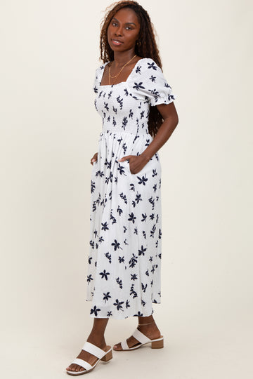Ivory Floral Puff Sleeve Midi Dress