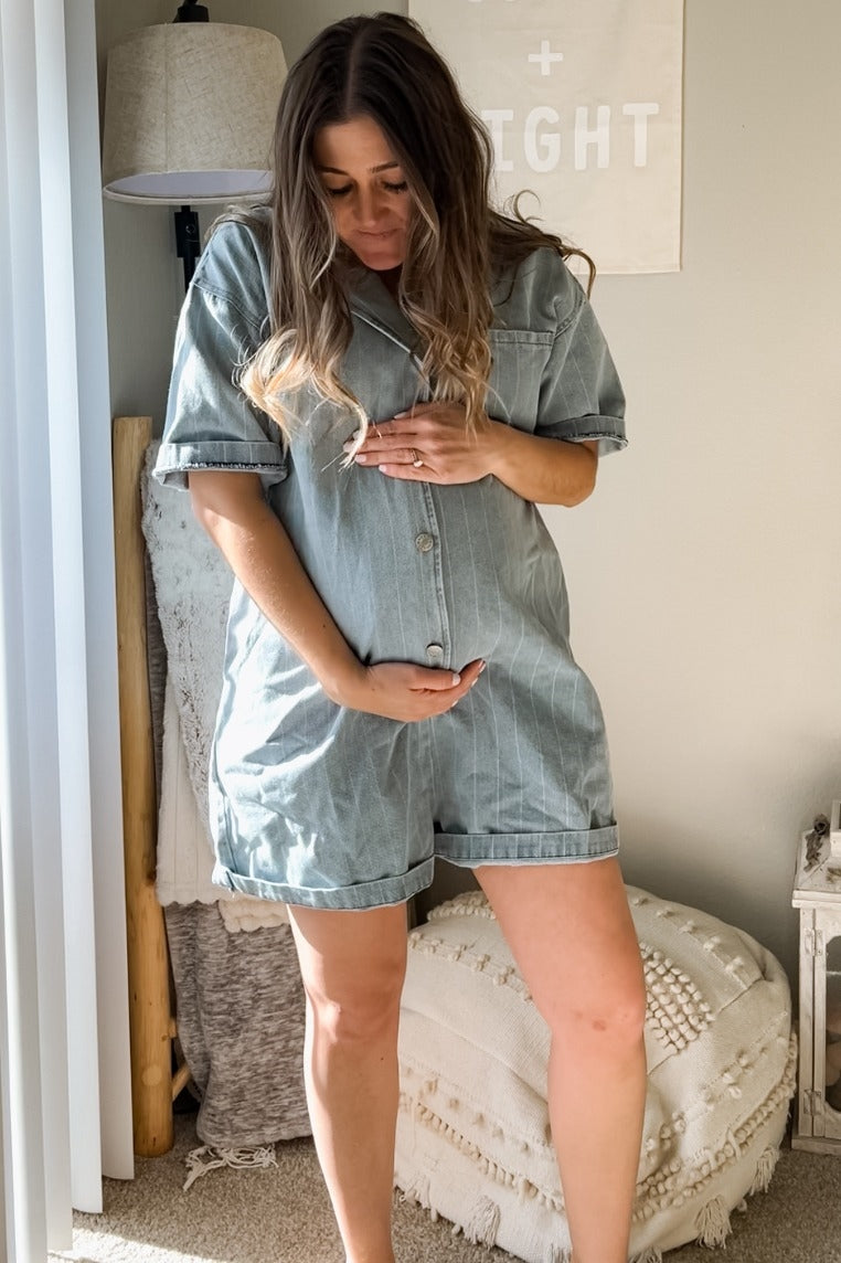 Blue Denim Striped Short Sleeve Maternity Romper