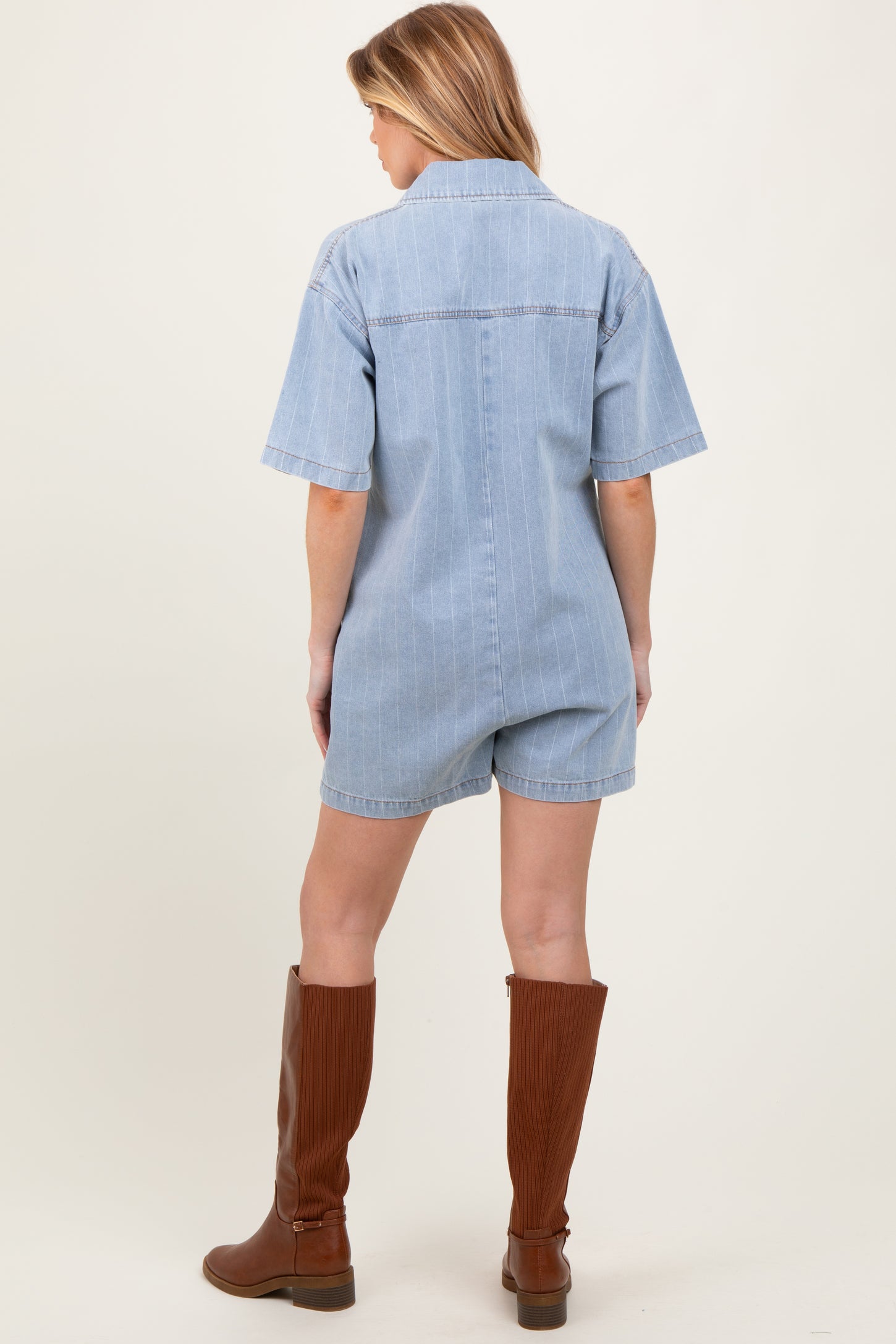 Blue Denim Striped Short Sleeve Maternity Romper